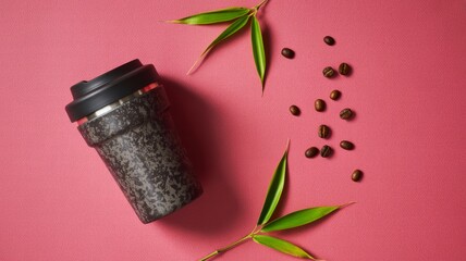 A coffee cup sits on a vibrant pink surface, surrounded by coffee beans and green bamboo leaves, creating an appealing and stylish arrangement.