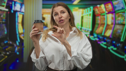 Woman in white shirt holding coffee cup and points finger to cup amid slot machines in casino building; concern warning.