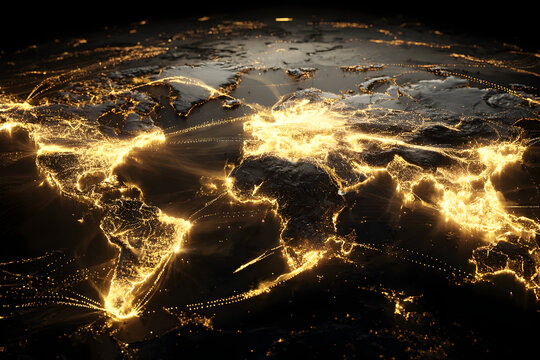 Glowing world map at night with illuminated continents for global connection theme
