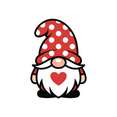 Cute Valentine's Day Gnome with Polka Dot Hat and Heart on Beard - Love and Holiday Illustration