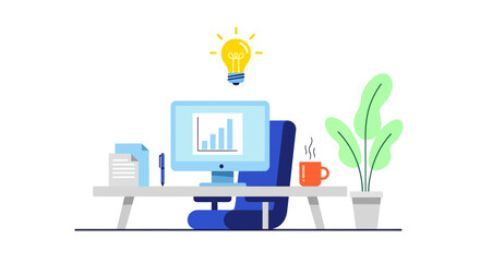 Inspiring workspace with computer showing chart, coffee, and bright idea, perfect for brainstorming, creative thinking, and business planning concepts