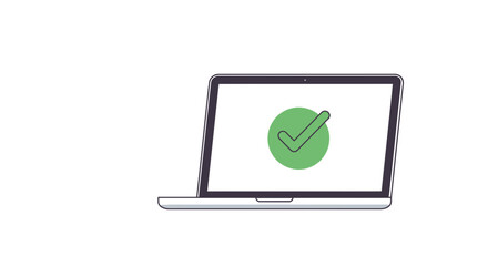 Modern laptop displays completed task with a green checkmark, perfect for showcasing success, approval, or confirmation with minimalist design