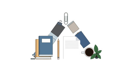 Organized workspace flatlay promoting productivity with books, coffee, and stationery for a modern, focused work from home or study aesthetic