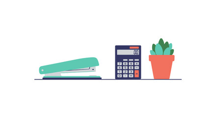 Modern office essentials: Stapler, calculator, and potted plant create a productive and stylish workspace, perfect for creative business ventures