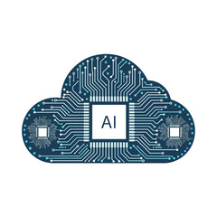 AI cloud computing concept with a cloud shape filled with circuit board patterns and the letters AI in the center.