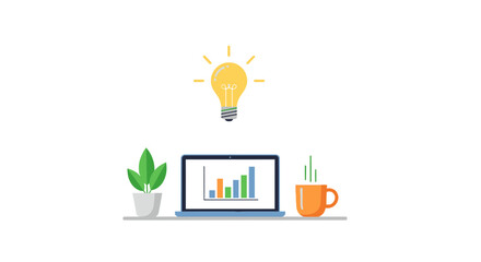 Bright business idea with upward trending data on laptop, perfect for startups, growth, and financial success, plus a cozy mug and plant for a modern vibe