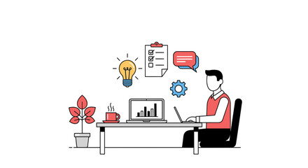 Man working on laptop to enhance business growth with innovative ideas, checklist, and statistics for modern professional development, achievement, and focus