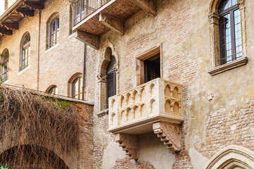Juliet's stone balcony in Verona, Italy The balcony is made of light red stone