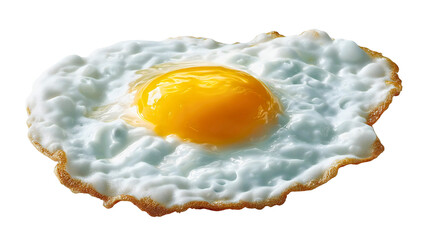 A shiny fried egg sunny side up isolated, a cooked breakfast meal with a runny yolk, a crispy protein food ingredient, a tasty morning dish, a simple cuisine.
