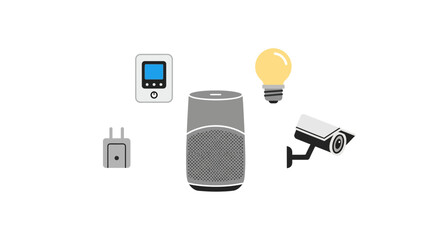 Smart home automation devices for modern living, featuring smart speaker, thermostat, security camera, and energy efficient lightbulb, seamless technology integration