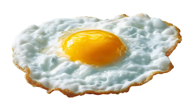 A shiny fried egg sunny side up isolated, a cooked breakfast meal with a runny yolk, a crispy protein food ingredient, a tasty morning dish, a simple cuisine.