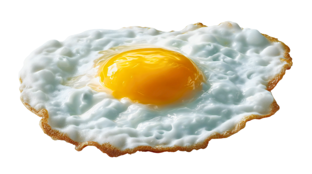 A shiny fried egg sunny side up isolated, a cooked breakfast meal with a runny yolk, a crispy protein food ingredient, a tasty morning dish, a simple cuisine.
