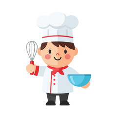 Cartoon chef holding a whisk and a bowl, wearing a white uniform and hat.