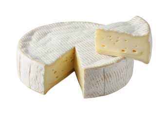 Round camembert cheese with a slice removed isolated on transparent background
