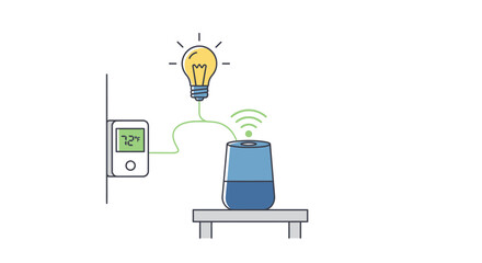 Smart home automation with voice assistant controlling lighting and temperature for energy efficiency, a modern lifestyle with connected devices
