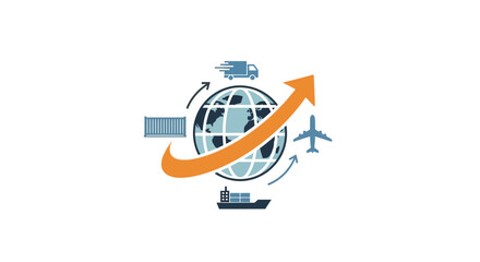 Global shipping solutions with worldwide delivery by truck, plane, and ship showcasing efficient logistics and an upward trend for international trade