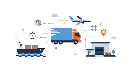 Streamlined logistics solutions for your business, featuring global shipping, fast delivery truck, cargo plane, ocean liner, and warehouse fulfillment services