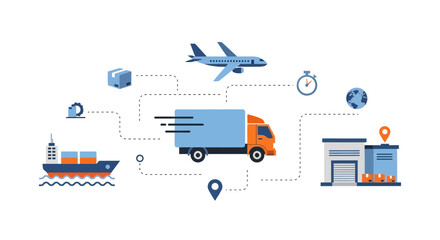Efficient global logistics network with fast delivery truck, airplane, and ship, illustrating worldwide shipping and supply chain management solutions