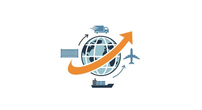 Global shipping solutions with worldwide delivery by truck, plane, and ship showcasing efficient logistics and an upward trend for international trade