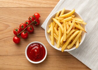 Golden french fries with sliced tomatoes and ketchup