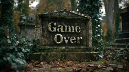 Darkly humorous cemetery scene with game over gravestone embraced by nature