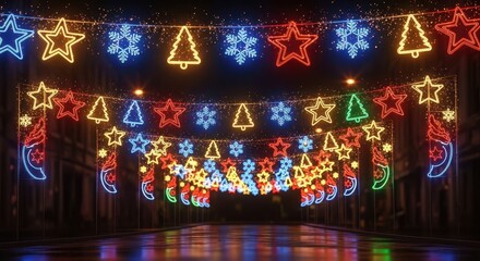 Colorful decorative lights with stars and snowflakes on dark street holiday