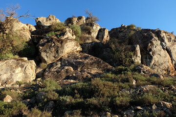 Beautiful mountain landscapes; rocky mountains; valleys; desert flora; blue skies;
