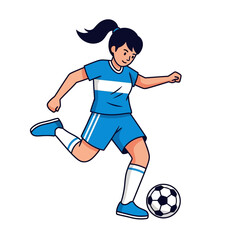 Cartoon illustration of a female soccer player kicking a soccer ball.