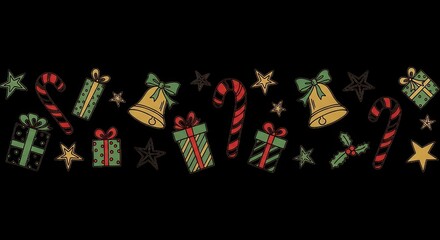 Festive decoration frame with gifts candy canes bells stars and holly