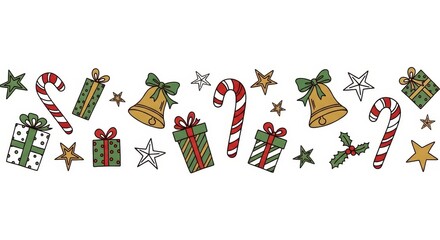 Festive decoration frame with gifts candy canes bells stars and holly