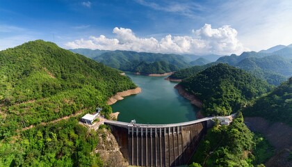 aerial view of a dam surrounded by lush mountains