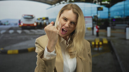Woman expressing frustration at airport with cars in view, showcasing blonde hair and an outdoor...