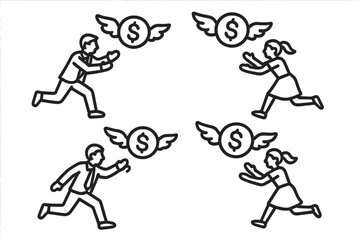 Fototapeta premium Business people chasing winged dollar signs symbolizing financial loss and elusive wealth