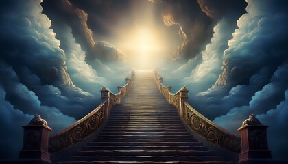mystical staircase ascends into bright light surrounded by dark clouds creating ethereal and dreamlike atmosphere this evokes feelings of hope and transcendence