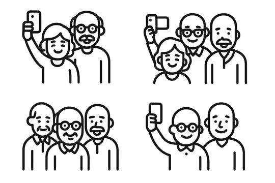 Happy senior adults taking group photos and selfies