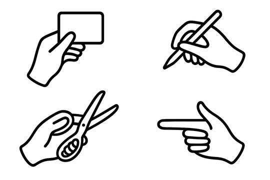 Hands performing common actions: holding card, writing, cutting, and pointing