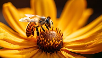 closeup of honeybee collecting nectar on bright yellow flower macro shot