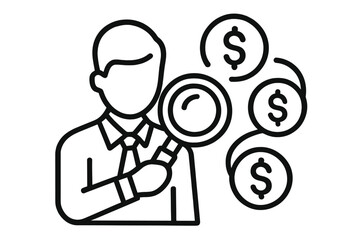 Business professional analyzing financial data and searching for investment opportunities with magnifying glass