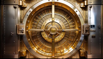 detailed view of large metallic bank vault door showcasing intricate mechanisms and shiny golden finish door is partially open revealing secure interior filled with rows of safe deposit boxes