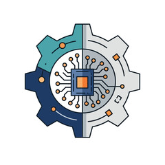 Gear with microchip, representing technology and engineering, divided into two halves with different designs.