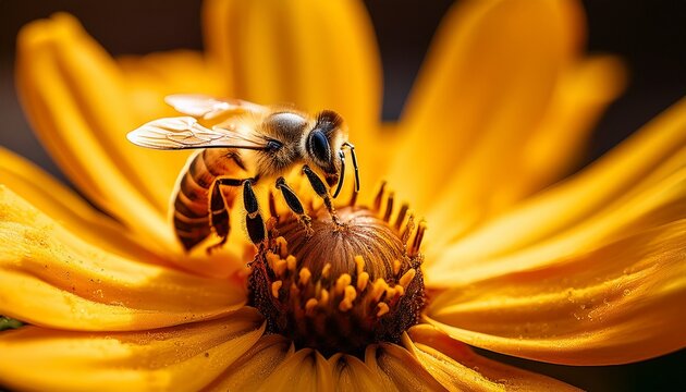 closeup of honeybee collecting nectar on bright yellow flower macro shot