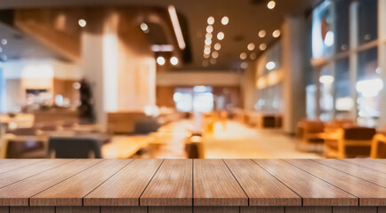Empty wooden table top with lights bokeh on blur restaurant background.