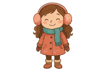 Cute smiling child wearing warm winter coat, scarf, earmuffs, and boots