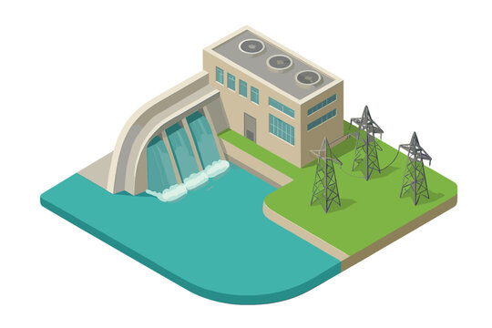 Hydroelectric power station complex with dam structure and electricity transmission towers