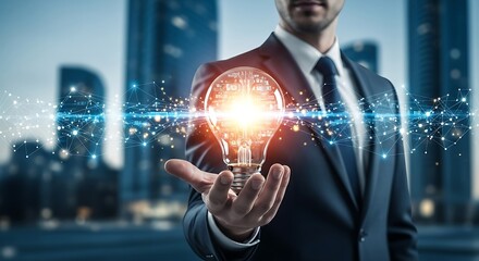 businessman touching a virtual digital button on a futuristic screen