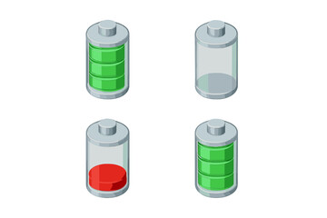 Isometric battery charge level indicators showing full, medium, low, and empty power status