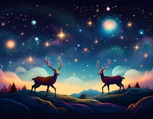 whimsical deer frolicking in a starry night landscape