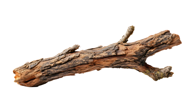 A dry tree branch, a rough wooden stick for design, a natural textured bark object, an old timber limb, a rustic nature element close-up.
