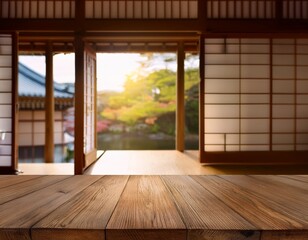 wooden table of free space and blurred background of japan interior with big window