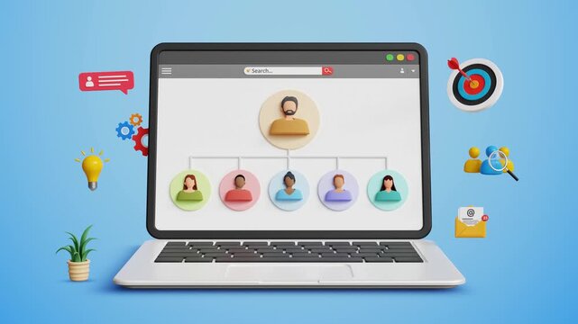 HR Management. Human Resource Planning, Network Administration, IT Management, Enhanced Performance, Recruitment, Training, Workforce., Leadership. Business Expert Managing team on Laptop. 3D Video